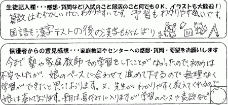 ���܂ŏm��ƒ닳�t�ł̊w�K���������Ƃ��Ȃ������̂ŁA���߂͕s���ł������A���̃y�[�X�ɍ��킹�Đi�߂ĉ�����̂Ŗ����Ȃ��w�K���o�����Ǝv���Ă���܂��B