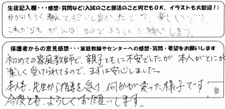 ���߂Ẳƒ닳�t�Őe�q�Ƃ��ɕs���ł������A�{�l���Ƃɂ����y�����󂯂��Ă�̂ŁA�܂��͈��S���܂����B�{�l���搶����w�����󂯉������ς�����l�q�ł��B